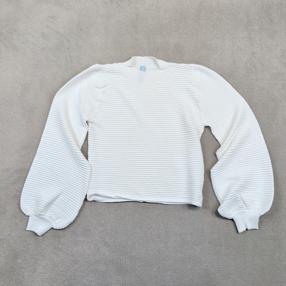 Southern Shirt Modern Ribbed Knit Balloon Sleeve Mock Neck Top MD White Textured — photo 2